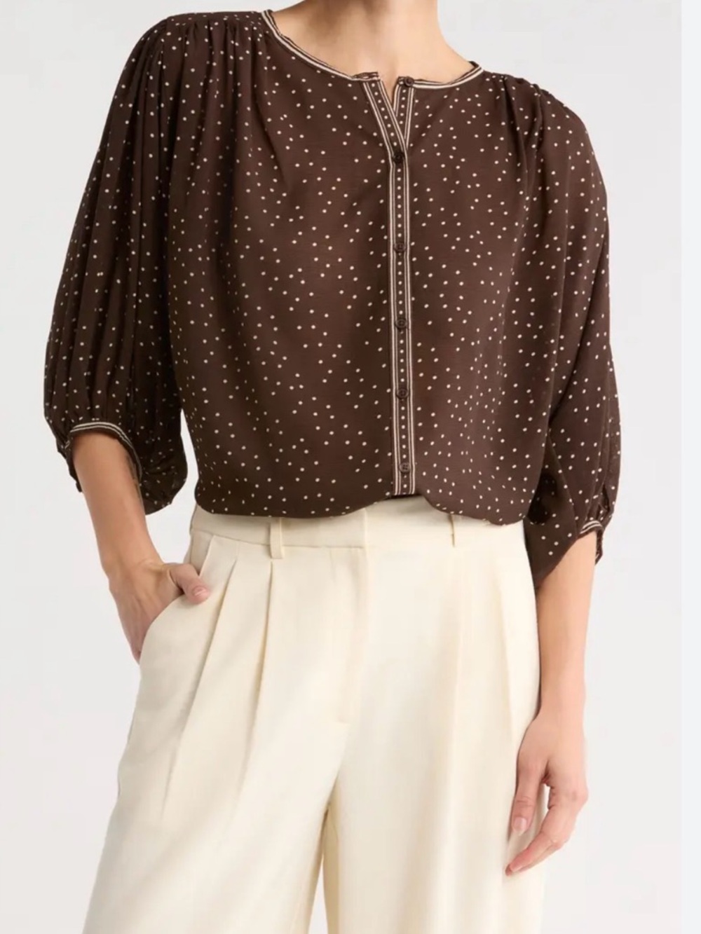 Max Studio Brown Polka Dot Button-Front Blouse